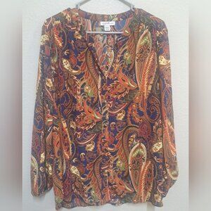 Jaclyn Smith Collection Womens XL Paisley Blouse Blue Orange 3/4 Sleeve Boho